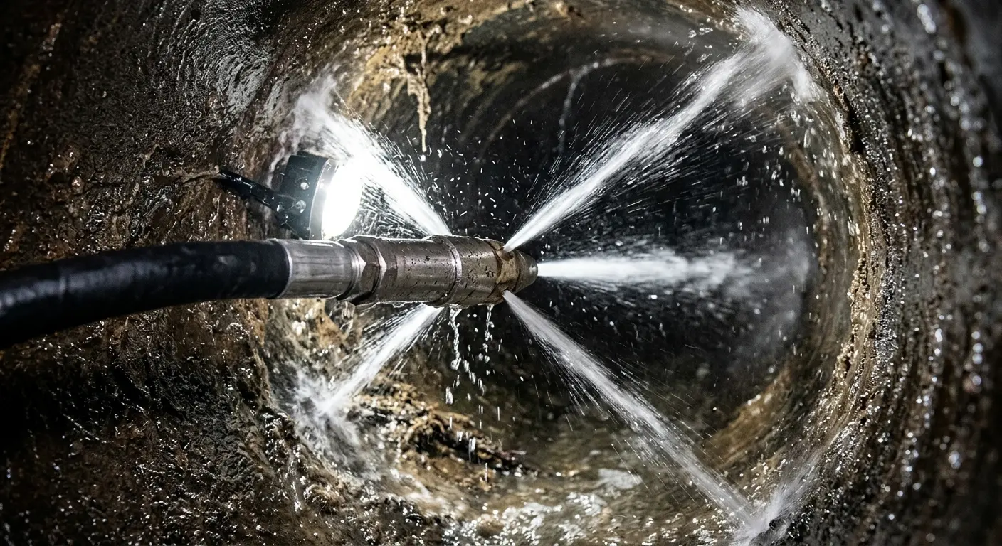 High-pressure hydro jetting nozzle cleaning sewer pipe for Sewer Cleanout in Garden City