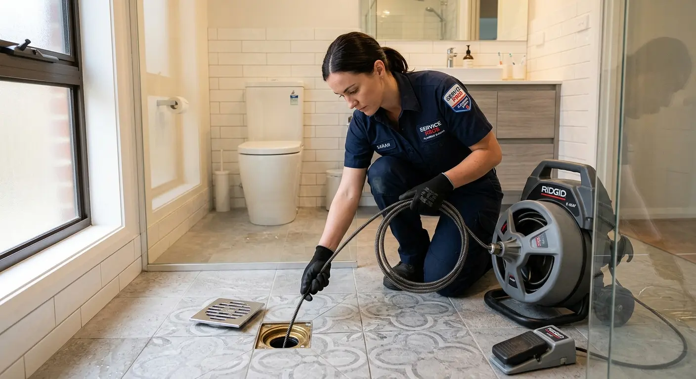 Technician clearing a bathroom floor drain for Hydro Jetting in Garden City